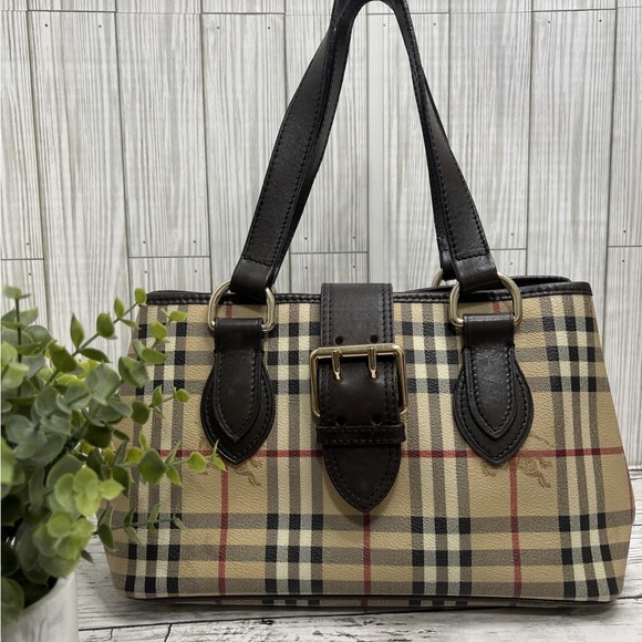 Burberry London Nova Check Tote Bag Brown Leather Plaid Shoulder Purse - Picture 1 of 15